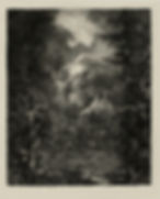 Dark, detailed black and white etching of a dense forest with a waterfall, mountain, and a distant village. Mysterious and serene atmosphere.