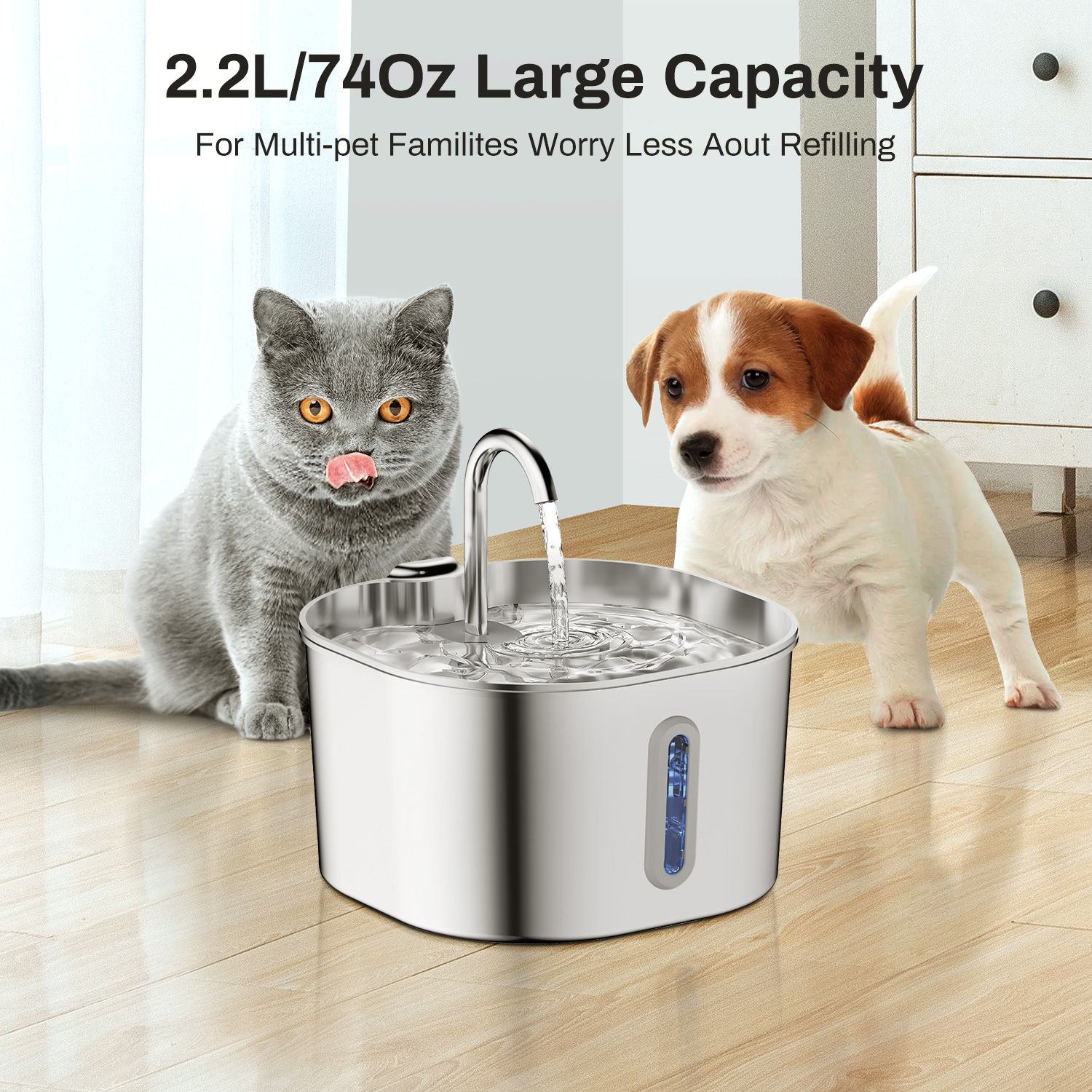 ZYFeeder 2.2L Automatic Cat Water Fountain Square Stainless Steel Pet Water Feed