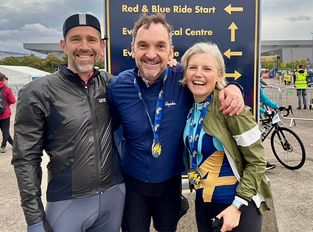 Sarah Hughes and Gavin Wilkinson, Datitude co-founders, with Doug Quinn at the end of the Tour de 4 charity cycling event
