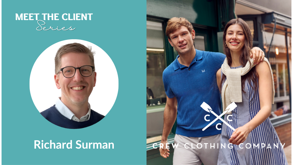 Meet the Client series: Richard Surman, Crew Clothing Company logo and two models wearing clothes from Crew