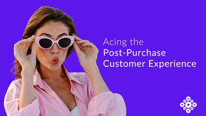 Acing the Post-Purchase Customer Experience - Woman in a pink shirt poses playfully with pink sunglasses, making a kissing face. Purple background.