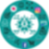 Centered icon of a person with  lines connecting to outer circle of  tech symbols and icons presenting mulitple channels and systems including emails, direct mail, store, ecommece and social media on teal background.