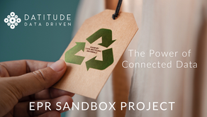 Hand holds a tag with a recycling symbol, reading "Made by 100% recycling materials." Background text: The Power of Connected Data and EPR Sandbox Project. Datitude data driven logo