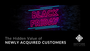 Pink Neon "Black Friday" text on dark background, captioned The Hidden Value of Newly Acquired Customers. Datitude logo.