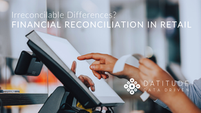 Hands use a touchscreen in a store with a blurred background. Text: Retail financial reconciliation can be challenging. Datitude logo