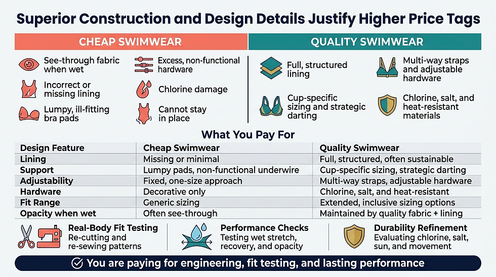 Infographic comparing cheap vs quality swimwear, with icons and a table showing lining, fit, adjustability, hardware, and durability.