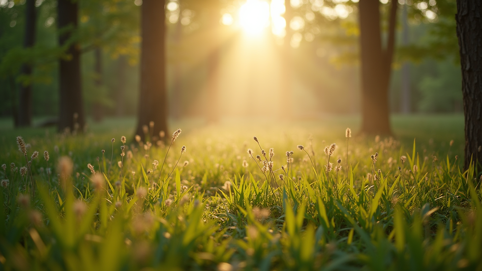 Close-up view of a peaceful nature scene with soft morning light filtering through trees