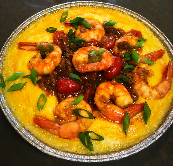 Baked Shrimp &Grits w/Sausage Tomato Gravy