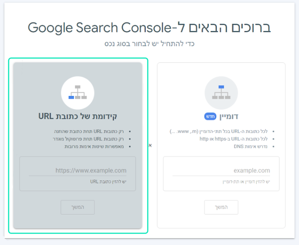 תמונת מסך של הדף הראשון בסרץ' קונסול לאחר שאתם נרשמים עם הגי'ימייל שלכם בה מופיעה שתי שמבצות מלבניות לאורך מימין לשמאל כשבמשבצת מצד ימין כתוב "קידומת של כתובת האתר" בה שמים את כתובת האתר המלאה שרוצים לאמת בגוגל .