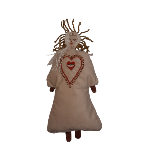 handmade beige velour heart with red and gold embroidery and golden sun on top