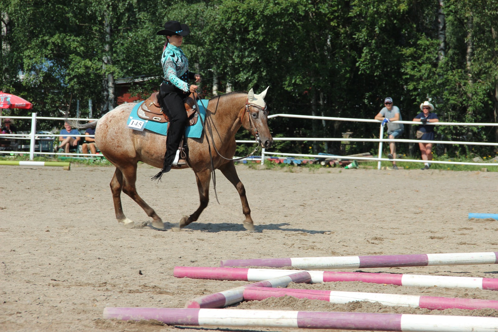 Ratsastaja ja appaloosa-hevonen ratsastuskentällä