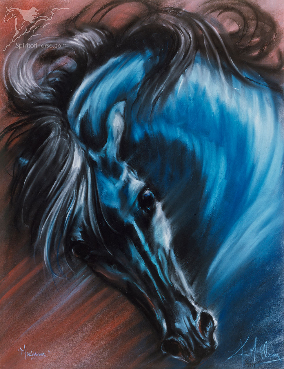Dramatic blue horse pastel artwork