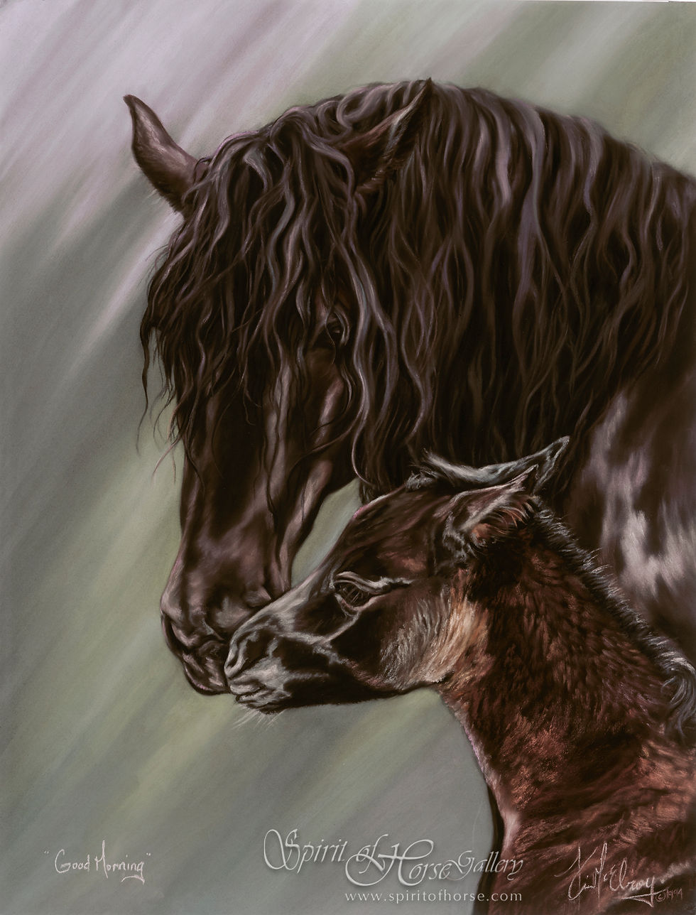 A pastel painting of a percheron mare and foal