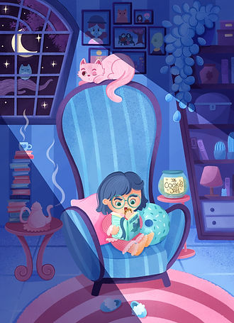 Children's book illustration in blue and pink of a girl eating cookies and reading with cat - picture book illustration.
