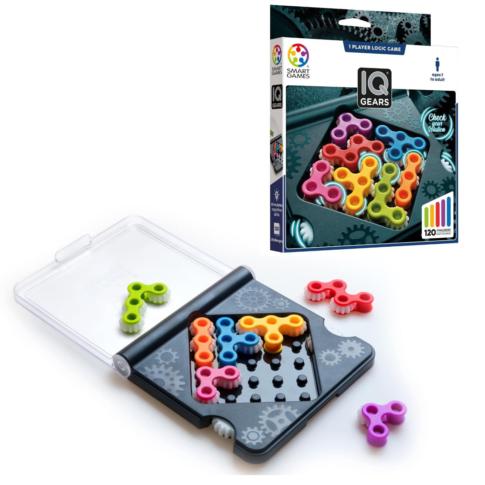 SmartGames IQ Gears Travel-Friendly Dynamic Logic Game Featuring 120 Challenges 
