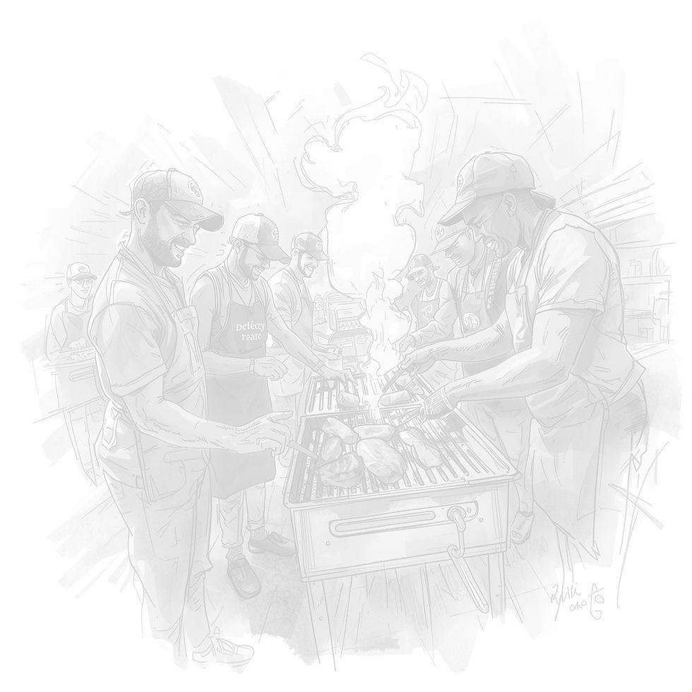 POV view of a team of 5 various types of people bbqing at a bbq competition enjoying thems