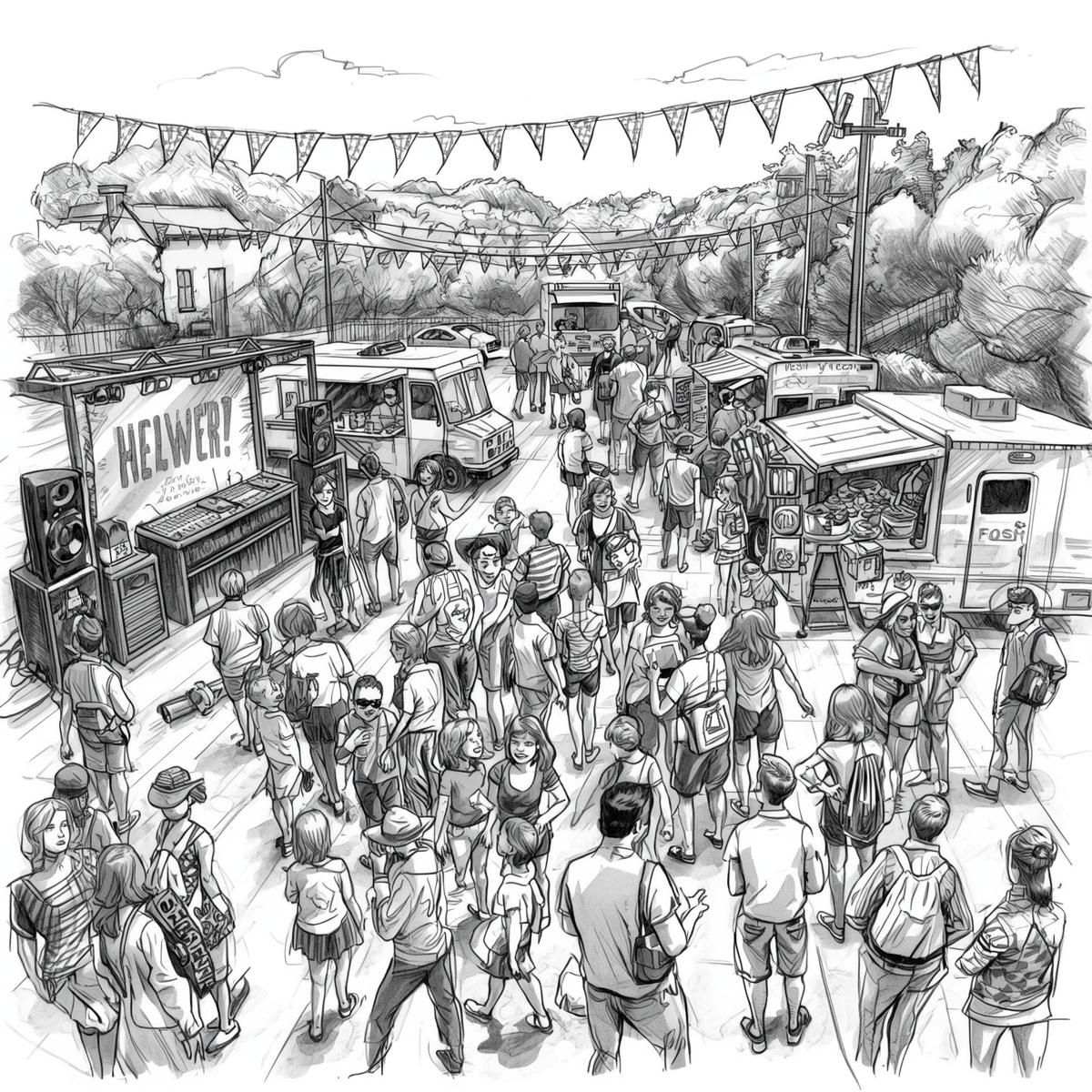 family gathering at a family event wth mix races of people, a DJ and banners, food trucks