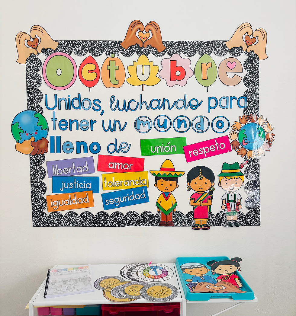 Bulletin Board Octubre con letrero, cenefa y elementos decorativos otoñales