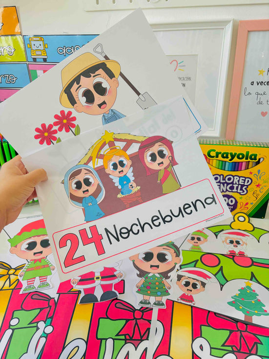 Decoración navideña con personajes festivos y efemérides para el periódico mural o salón de clases, ideal para diciembre.