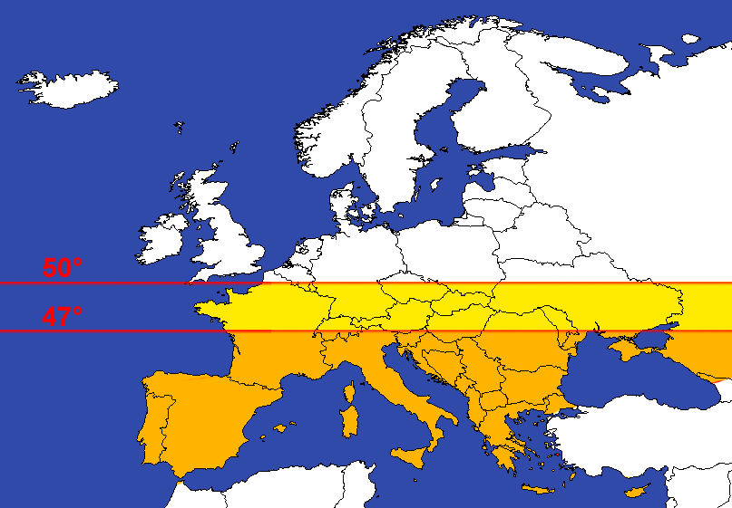 Les iles de la façade Atlantique française (Ré, Oléron, Noirmoutier) sont situées en dessous de la latitude 47°N, aux mêmes latitudes que l'Italie du Nord, Milan ou Venise