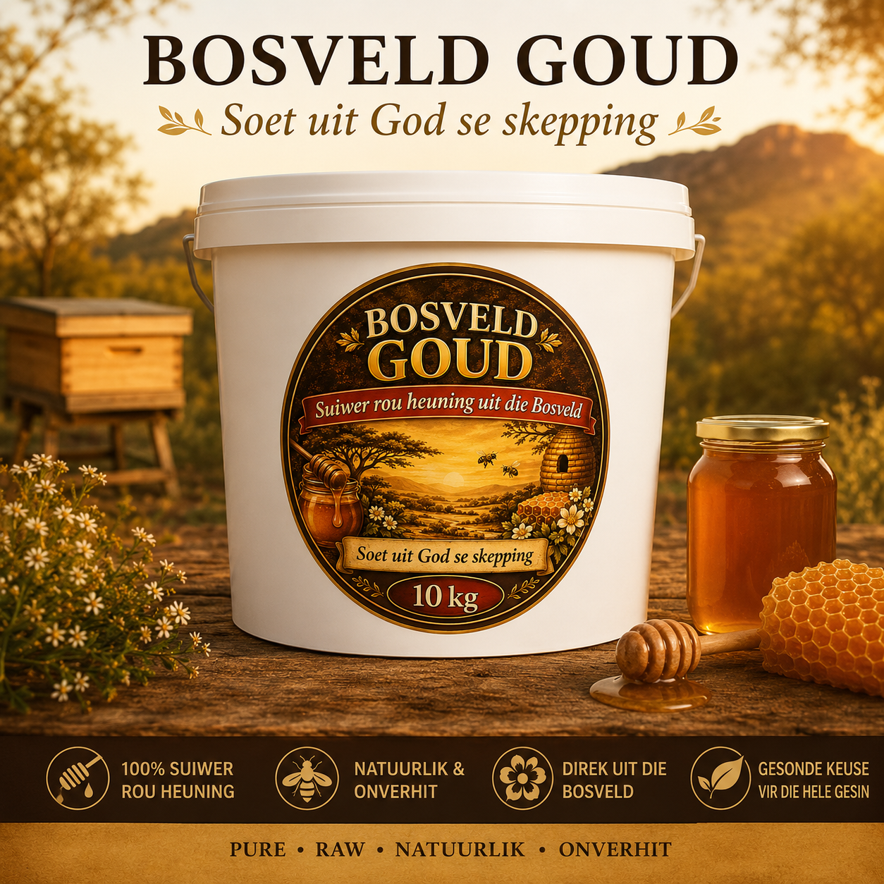 Bosveld Goud Pure Raw Honey, 10 kg Bucket