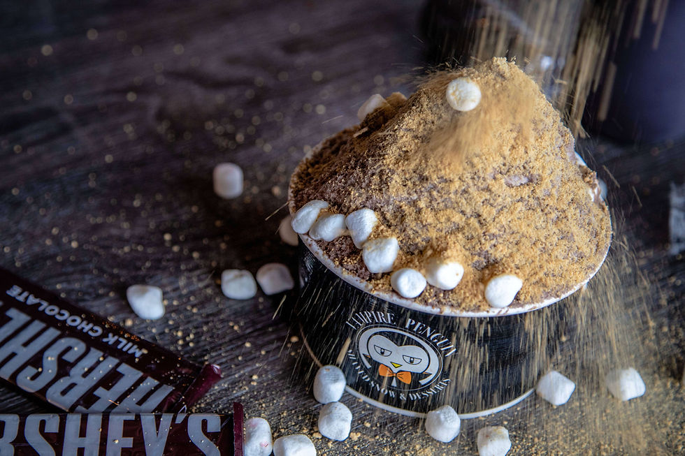 Eye-level view of a shaved snow dessert decorated with vampire-themed toppings