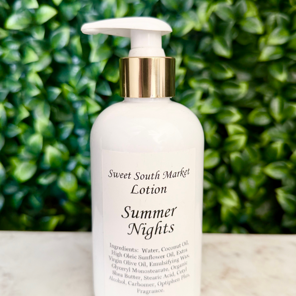 Sweet South Market Lotion, Summer Nights, product details, with green background Sweet South