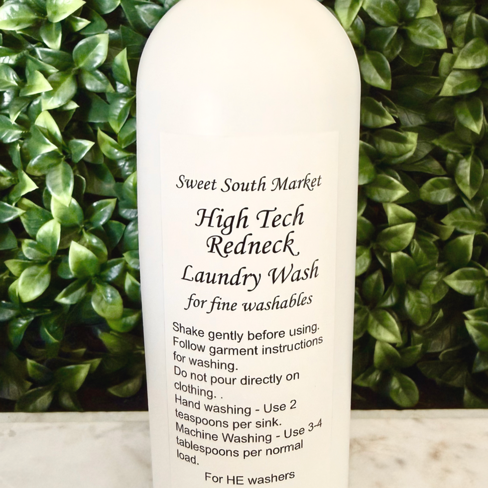 White laundry wash bottle with text, High Tech Redneck Laundry Wash, Sweet South Market