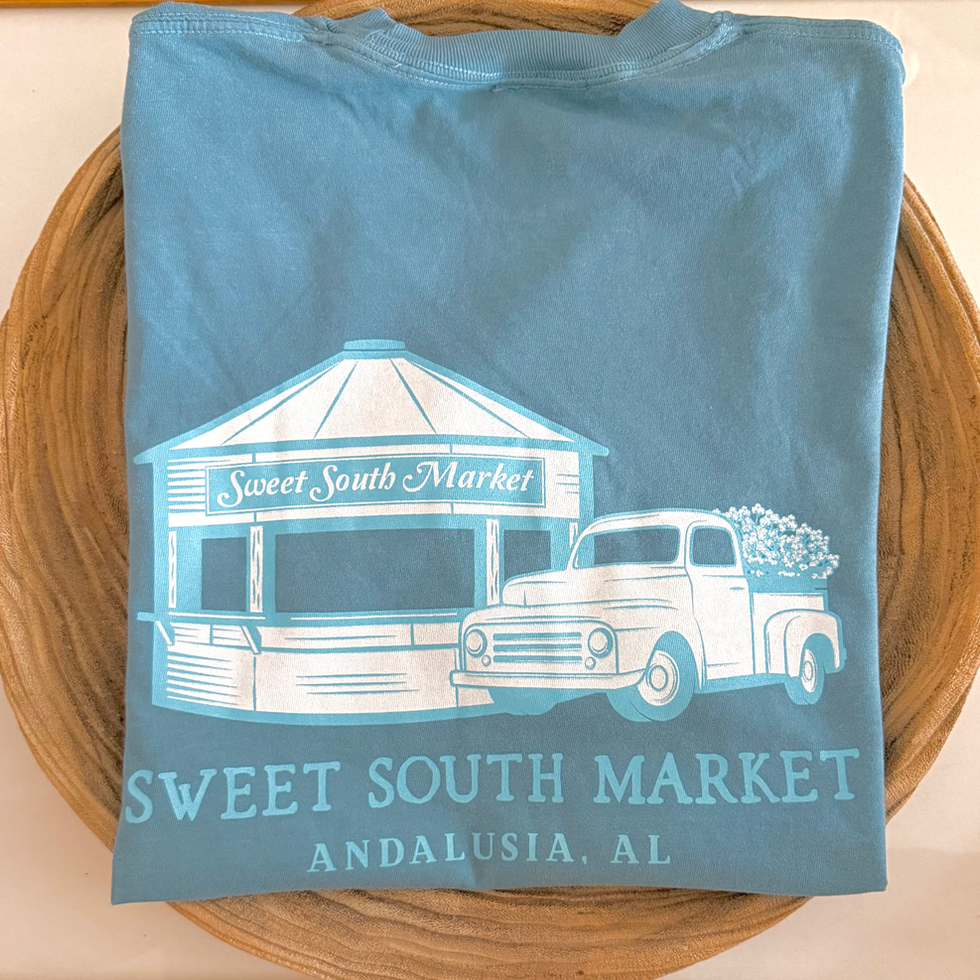 Blue Sweet South Market t-shirt with logo, and text Sweet South Andalusia, AL. Sweet South