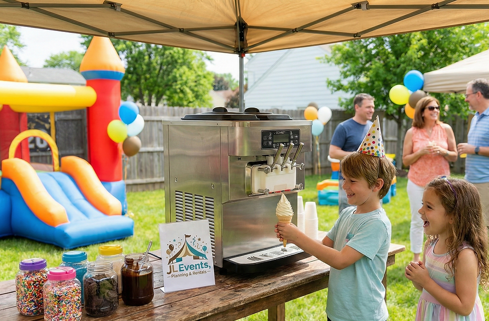 Kids in party hats get ice cream from a machine under a canopy. Bounce house, balloons, and people chatting in a garden setting.