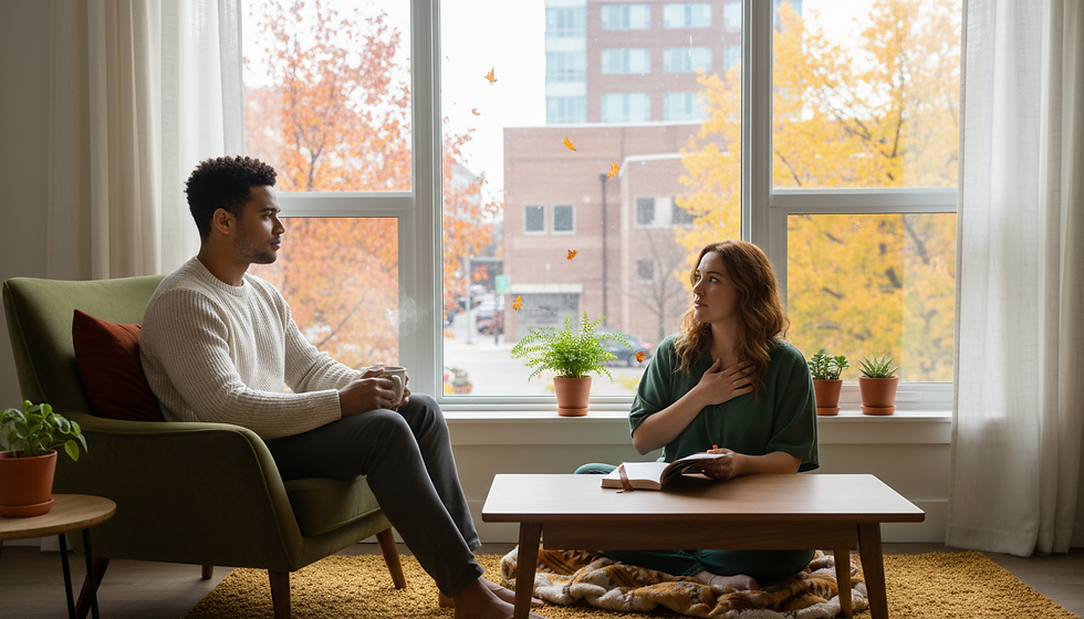 A peaceful indoor moment as two people engage in heartfelt conversation, framed by a window showcasing vibrant autumn foliage outside.