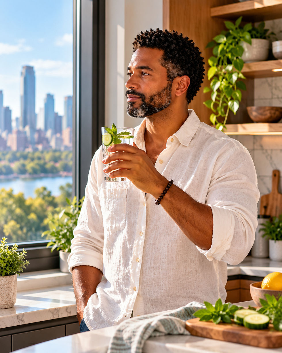 Woman with curly hair holds a mug, gazing out a bright kitchen window. Wearing a beige sweater, she appears calm and thoughtful.