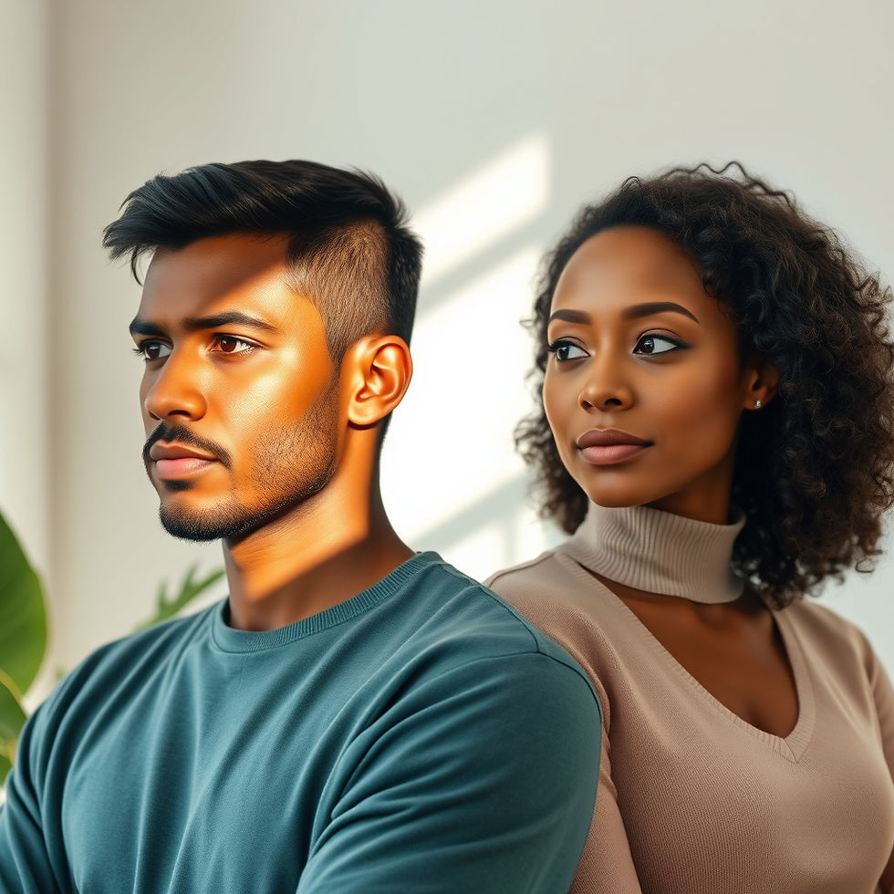Overcoming fear-A young couple sits closely in a bright room, their expressions composed and thoughtful, highlighted by natural light.