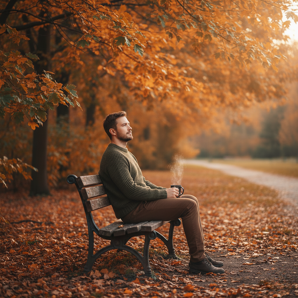 Practicing mindful emotional awareness, a man basks in the warm glow of autumn light, surrounded by the serene beauty of fall foliage.