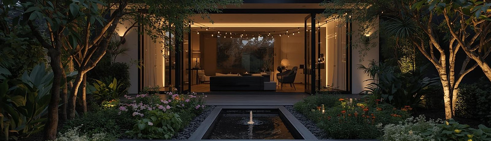 A sacred meditation space in a modern backyard garden of an upscale suburban home. The sce