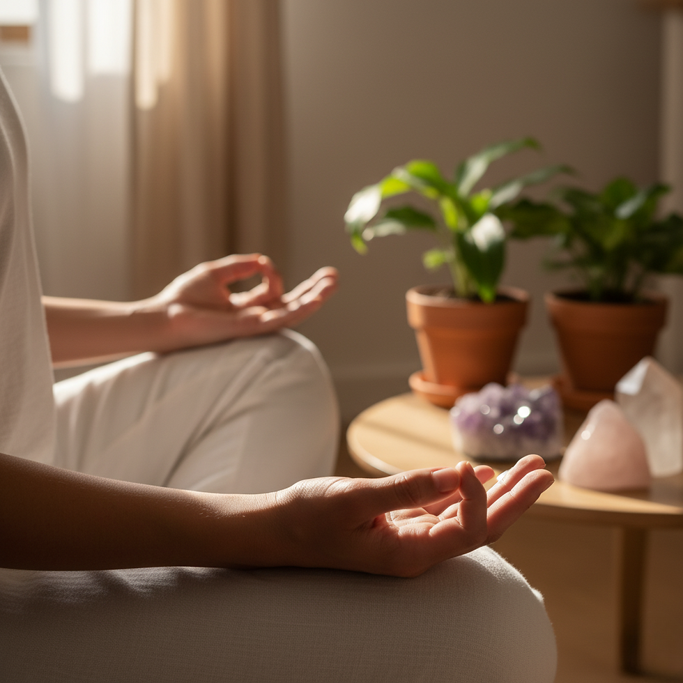 A person practicing meditation in a serene home setting, surrounded by houseplants and healing crystals.