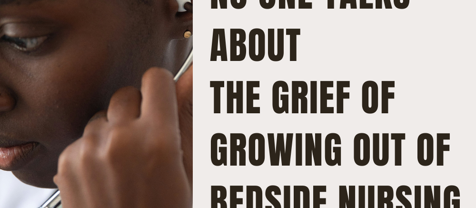 A Black female nurse in a white coat places her stethoscope in her ears, looking down thoughtfully. Next to her, bold text reads: "No one talks about the grief of growing out of bedside nursing. Real Career Clarity straight to your inbox. Subscribe now." The Nurse Pathways Pro logo appears in the top corner.