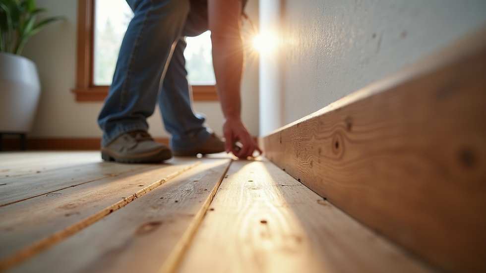 Eye-level view of a carpenter installing custom wood trim in a Mountain Home living room