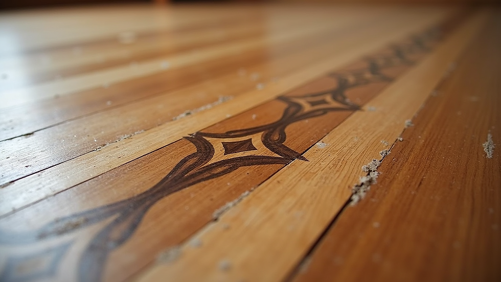 Close-up view of custom wood floor inlay design