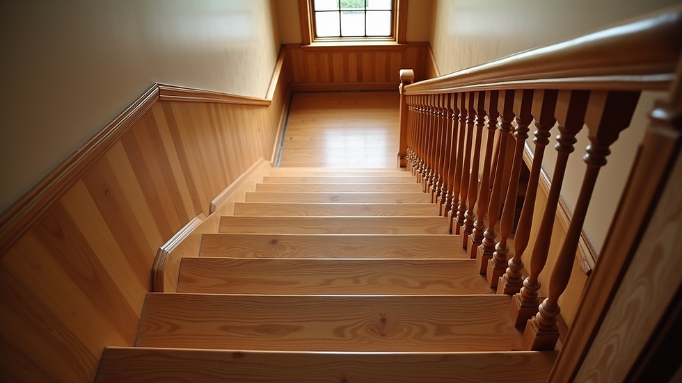 Eye-level view of a custom hardwood staircase with decorative balusters