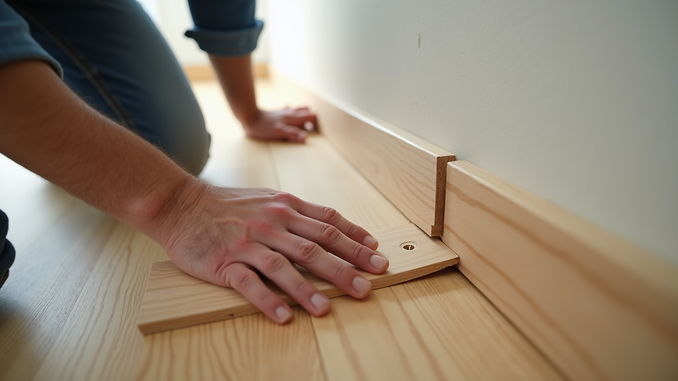 Close-up view of a carpenter installing wooden baseboards
