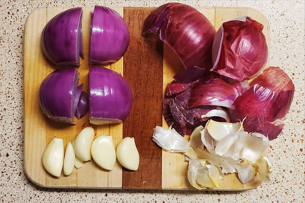 Red onion, garlic, peeled, vegetables, wooden cutting board
