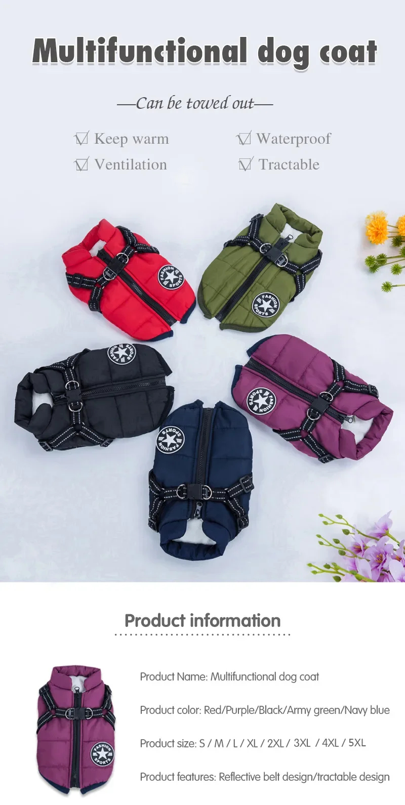 Thumbnail: Large Pet Dog Jacket With Harness Winter Warm Dog Clothes For Labrador Waterproo