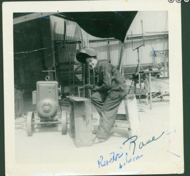 Figure 2. Photograph of a welder, Rose Lee Rigdon McPherson, at the California Shipbuilding Corporation in Los Angeles. Photo taken in 1943-1944 (RORI 2368)