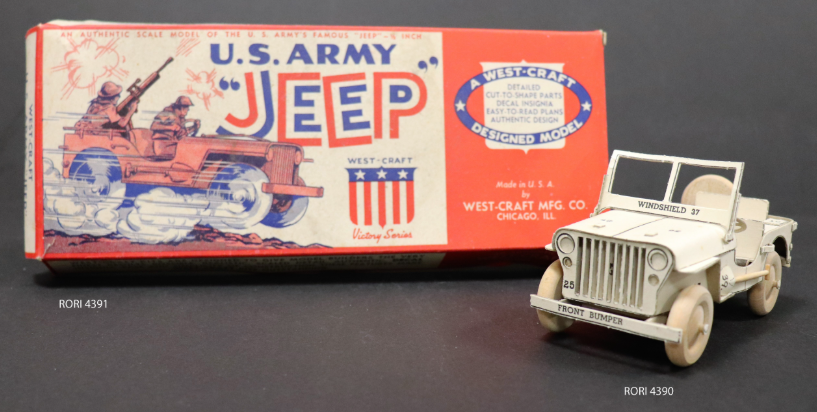 Figure 3. Cardboard West-Craft U.S. Army jeep c. 1940. The cardboard model features a fold-down windshield and required its builder to borrow straight pins from their mother for the dashboard and shifter details. Part of the Ed and Saryl Von der Porten Collection (RORI 4390 and RORI 4391).
