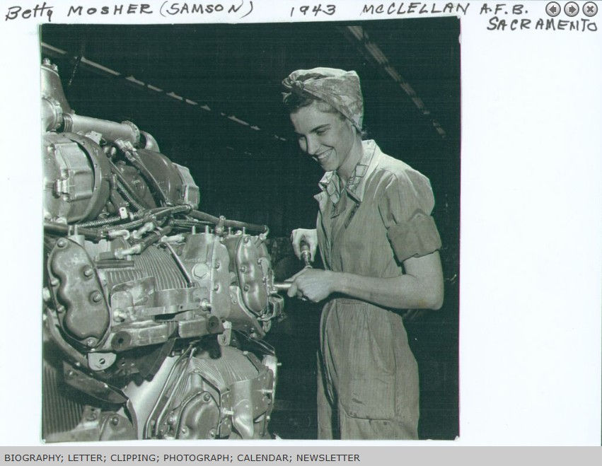 Figure 1. Photograph of Betty Mosher (Samson) at the McClellan Air Force Base near Sacramento, California. Photo taken in 1943 (RORI 1731)