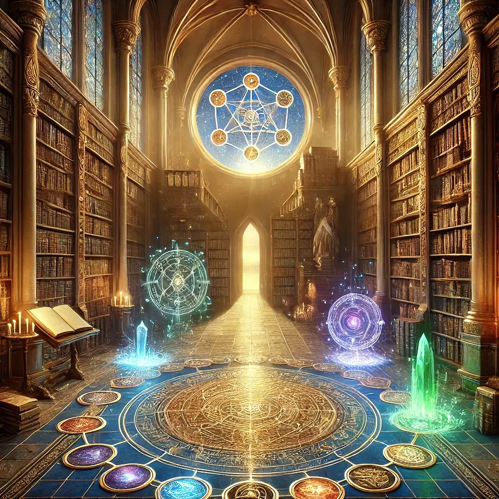 A magical library interior with ancient stone walls, floating books, and glowing crystalline shelves, bathed in soft golden light streaming through stained glass windows. In the center, a large mystical circular diagram is etched into the floor, illustrating the Hero's Journey with illuminated symbols. Around the circle, ethereal holograms showcase classic fantasy archetypes: a noble wizard with a staff, a crowned dark lord in shadow, a young hero with a magical sword, and a mythical forest with a hidden portal. The scene is rendered in a detailed semi-realistic art style with rich jewel tones of deep blues, purples, and emerald greens, accented with glowing magical particles and whisps of ethereal light. The atmosphere is scholarly yet mystical, suggesting both wisdom and wonder.