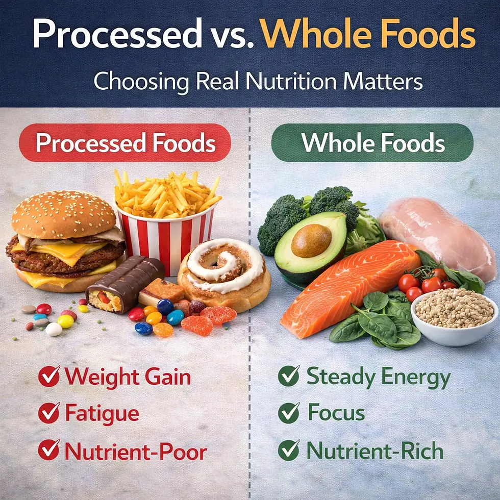 Infographic comparing processed foods like fast food and sweets versus whole foods like salmon, vegetables, and grains, highlighting nutrition choices for healthcare professionals in CPR, First Aid, and Basic Life Support training at Saving Grace Medical Academy.