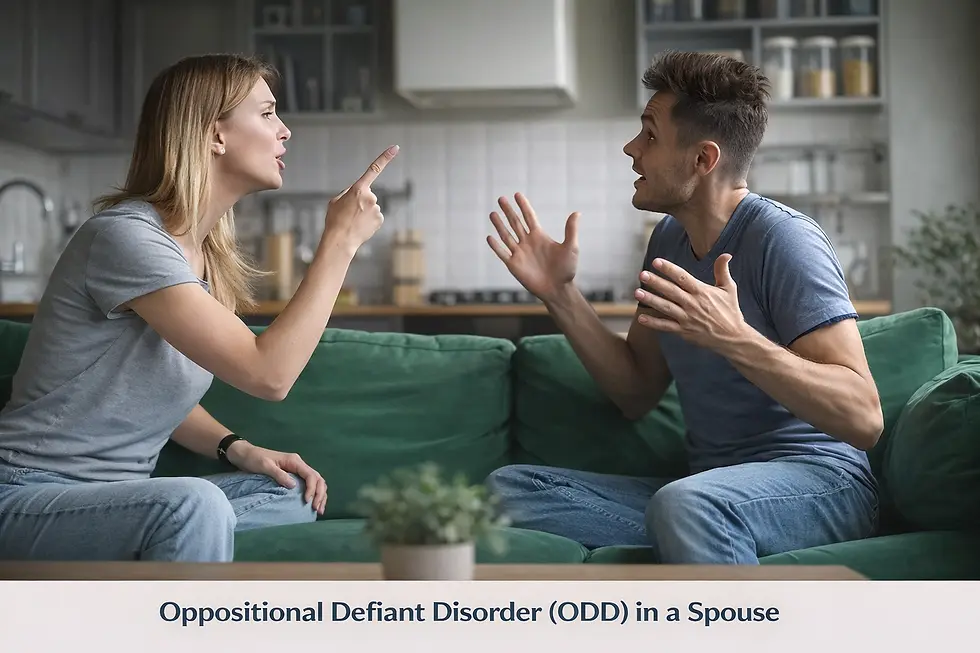 Couple arguing in a home setting illustrating oppositional defiant disorder behaviors in adults, including emotional escalation and conflict in relationships.
