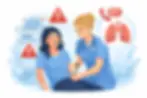 Illustration of a severe allergic reaction with a nurse administering an epinephrine auto-injector (EpiPen) while emergency services are contacted, highlighting anaphylaxis response training for nursing and first aid students by Saving Grace Medical Academy.